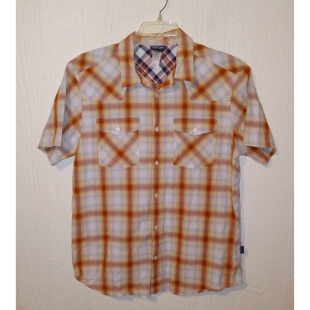 Patagonia Western Shirt Mens Large Orange Grey Plaid Organic Cotton Short Sleeve